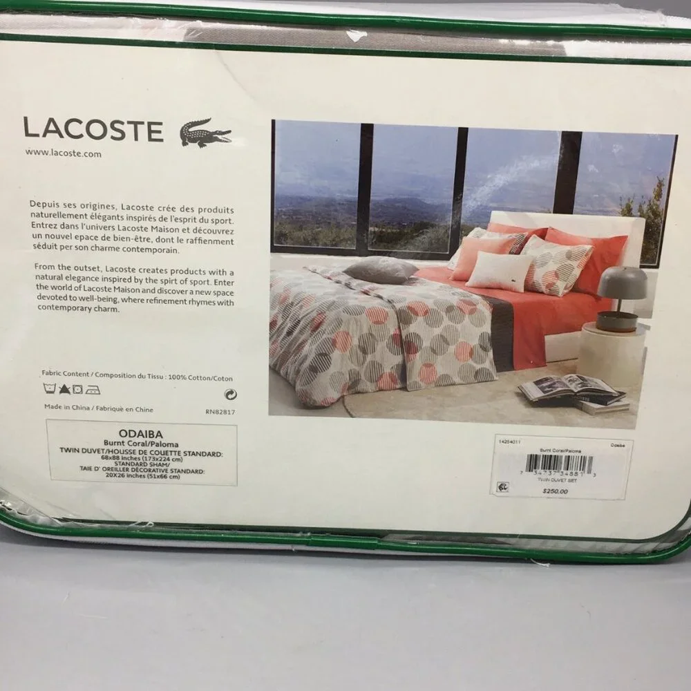 2pc Lacoste TWIN Duvet Sham Set Modern Striped Circle Burnt Coral Gray MSRP $250